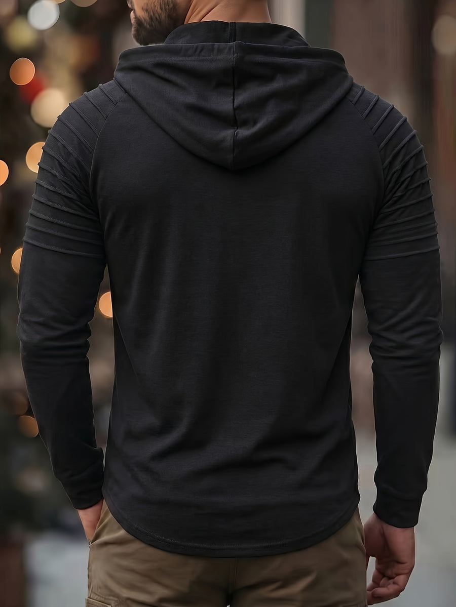 ROYALBOY Men's Summer Short-Sleeve Solid Color Perforated Drawstring Hooded Striped Design, Suitable for Casual Sportswear - Black