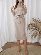 Autumn/Winter Half-Turtleneck Metal Button Dress with Tie-Waist for a Fit, Midi-Length Sweater Dress, Elegant and Versatile Commuter Maxi Dress, Designer-Inspired Niche Long-Sleeve Dress - Apricot