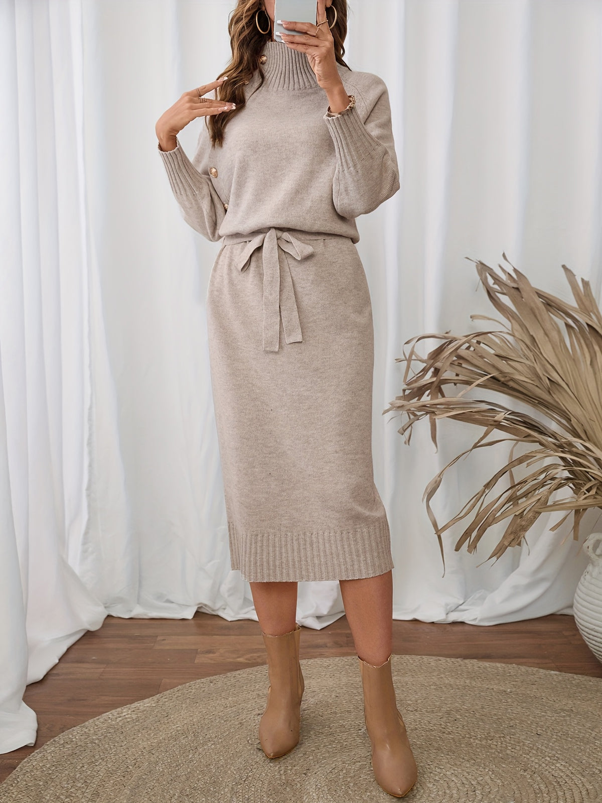 Autumn/Winter Half-Turtleneck Metal Button Dress with Tie-Waist for a Fit, Midi-Length Sweater Dress, Elegant and Versatile Commuter Maxi Dress, Designer-Inspired Niche Long-Sleeve Dress - Apricot