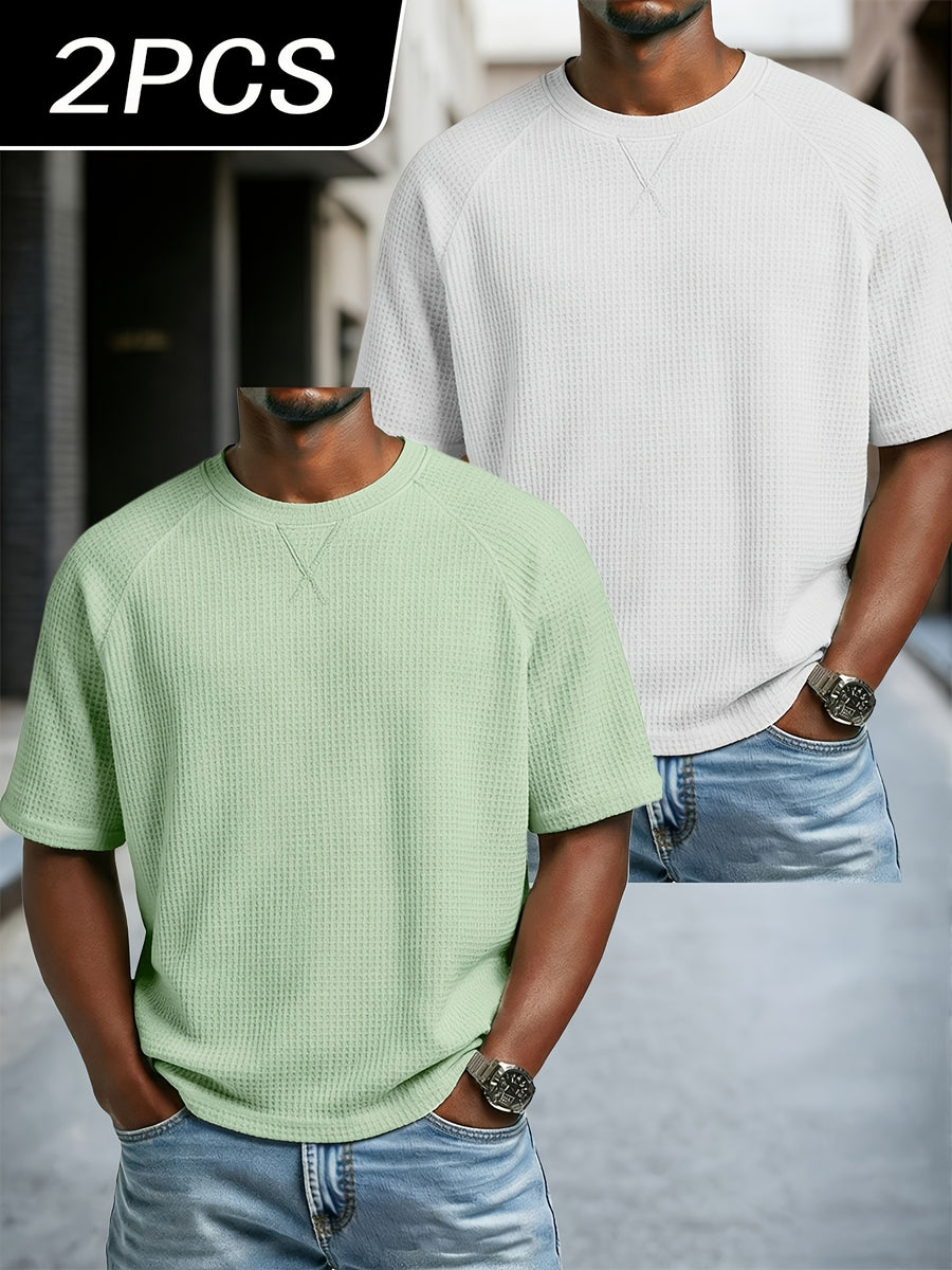 Men'S 2 pc Waffle Knit T Shirts Short Sleeve Crew Neck, Breathable Textured Fabric Casual Tops, Lightweight Soft Comfortable Fit, Ideal for Daily Wear, Travel, Street Fashion And Warm Weather Style - Light Green + White