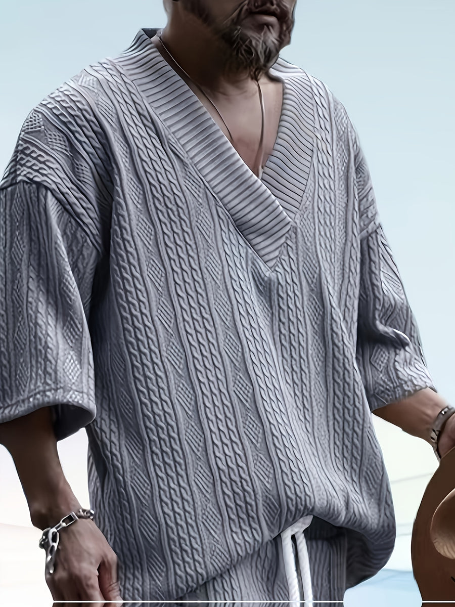 Men's Casual and Comfortable Outdoor Daily Sports Simple and Fashionable Youth High-quality Handsome American Versatile Knitted T-shirt Men's Summer Loose V-neck Sports Solid Color T-shirt Men - Light Grey