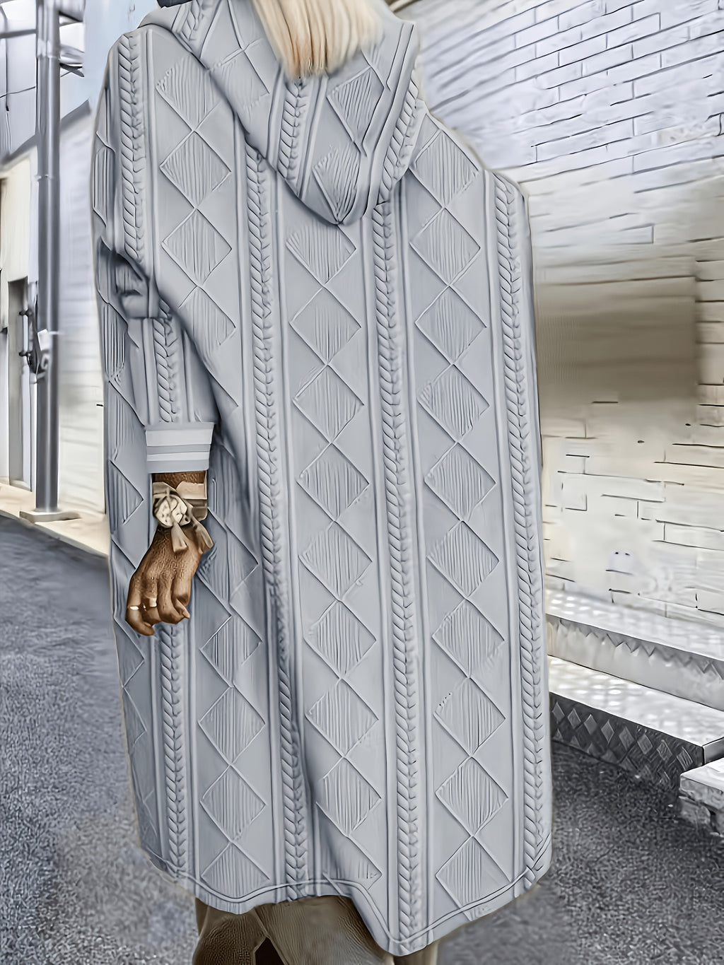 Plus Size, Women'S Long Pocket Hooded Jacket. Zipper, Ruffled Cuffs And Panel Detailing. Fabric - Grey