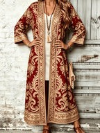 Women's Elegant Printed Long Cardigan Trench Coat Top - Red