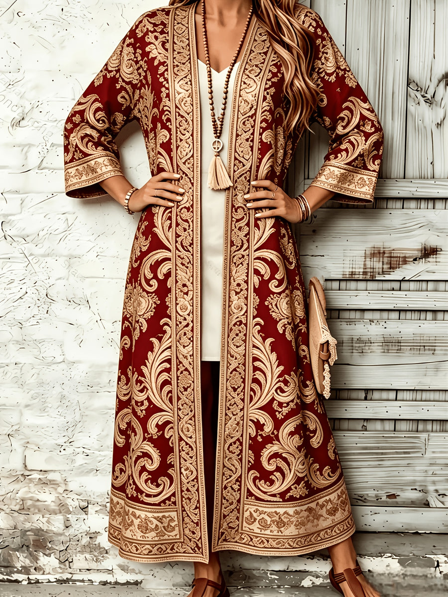 Women's Elegant Printed Long Cardigan Trench Coat Top - Red