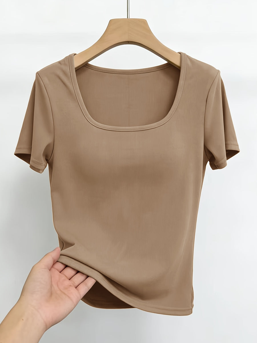 Women'S Short-Sleeve U-Neck T-Shirt for Summer, Stylish And Fitted Base Layer - Khaki