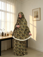 Islamic Holiday Traditional Attire, Women's Loose-fitting Hooded Prayer Robe Set, Star and Crescent Moon Fashion Leopard Print Robe with Lace Trim, Eid Al-Fitr, Eid Al-Adha, Eid Al-Adha, Ramadan - Multicolor