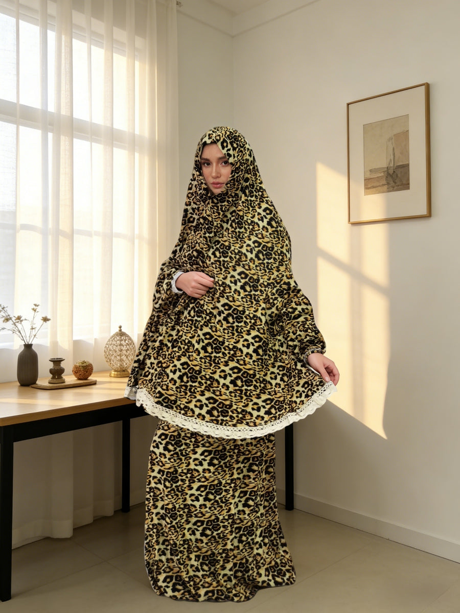 Islamic Holiday Traditional Attire, Women's Loose-fitting Hooded Prayer Robe Set, Star and Crescent Moon Fashion Leopard Print Robe with Lace Trim, Eid Al-Fitr, Eid Al-Adha, Eid Al-Adha, Ramadan - Multicolor