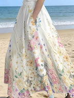 Watercolor Floral Print Skirt, Summer Casual Vacation Style - Mixed colors