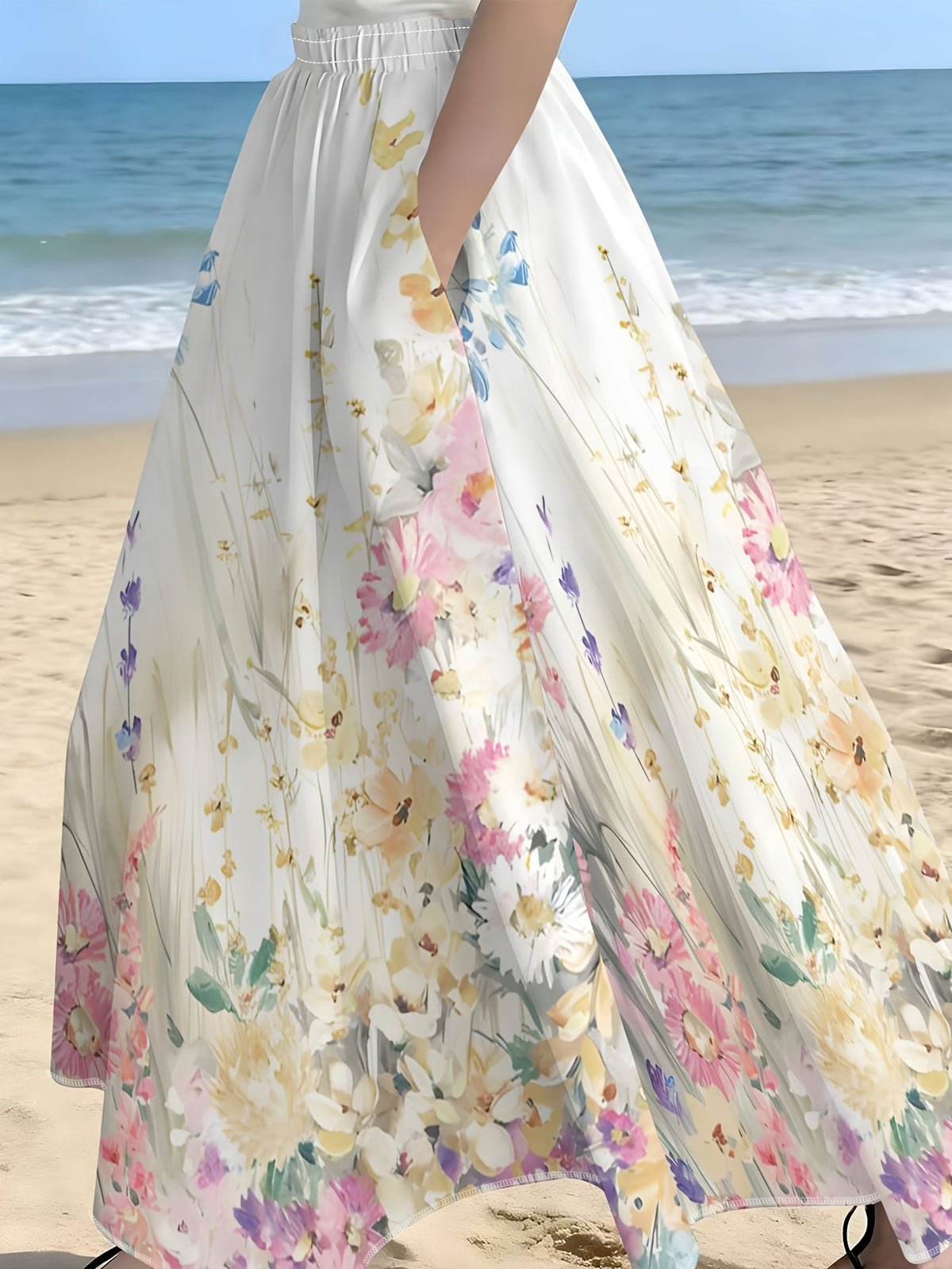 Watercolor Floral Print Skirt, Summer Casual Vacation Style - Mixed colors