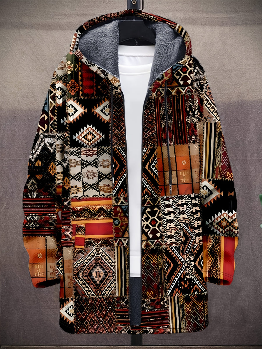 Retro Ethnic Art Pattern 3D Print Fashion Men'S Plush Thick Long-Sleeved Cardigan Coat Winter Warm Zipper Hooded Coat, Casual, Regular Fit, Daily, Geometric Print - Coffee Color