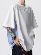 Men's Casual Sport T-Shirt, Trendy Brand Plaid Patchwork Crew Neck T-Shirt, Men's Summer American-Style Designer Casual Top, High Street Versatile Sport Short Sleeve - White