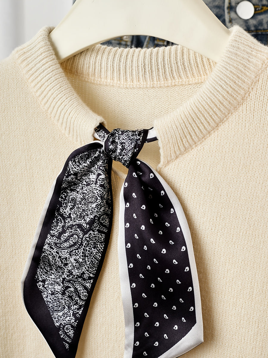 Gray Short-Sleeve Sweater with Scarf Bow Tie Collar - Round Neck Blouse-Compatible Suitable for Layering or Outerwear, Medium Stretch - Sweater for Commuting, Office & Casual Wear, Hand Washable Solid Color - Apricot
