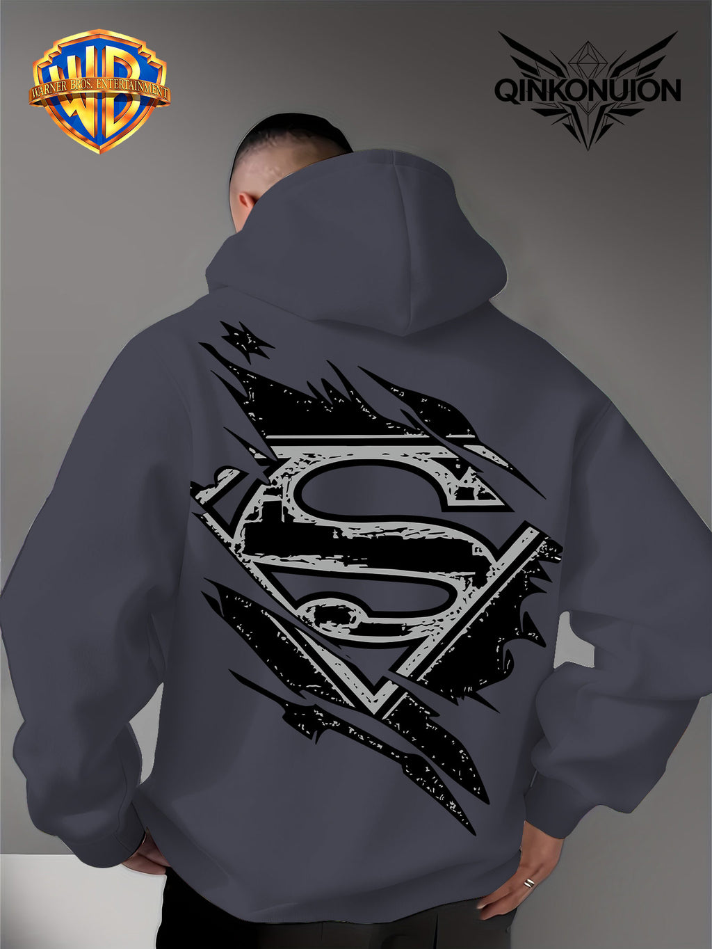 Warner Official Men's Hooded Sweatshirt, Black and White Distressed Batman Symbol Torn Wind Print Design, Machine Washable, Cozy and Comfortable Daily Drawstring Hooded Sweatshirt for Autumn and Winter, Versatile Sporty Casual Loose Fit - Dark Gray