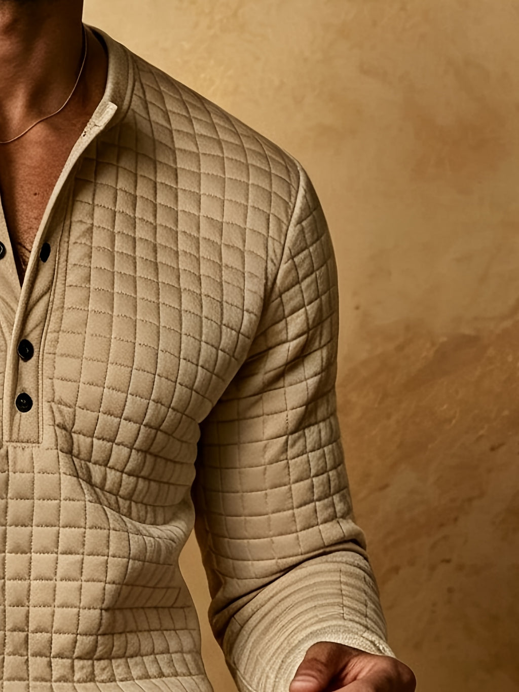Early Autumn New Men'S Textured Plaid Patchwork Henley Long Sleeve Shirt, 7-Button Casual Collar Soft Long Sleeve T-Shirt, Mature And Atmospheric Regular Fit, Golf And City Outing Wear - Khaki