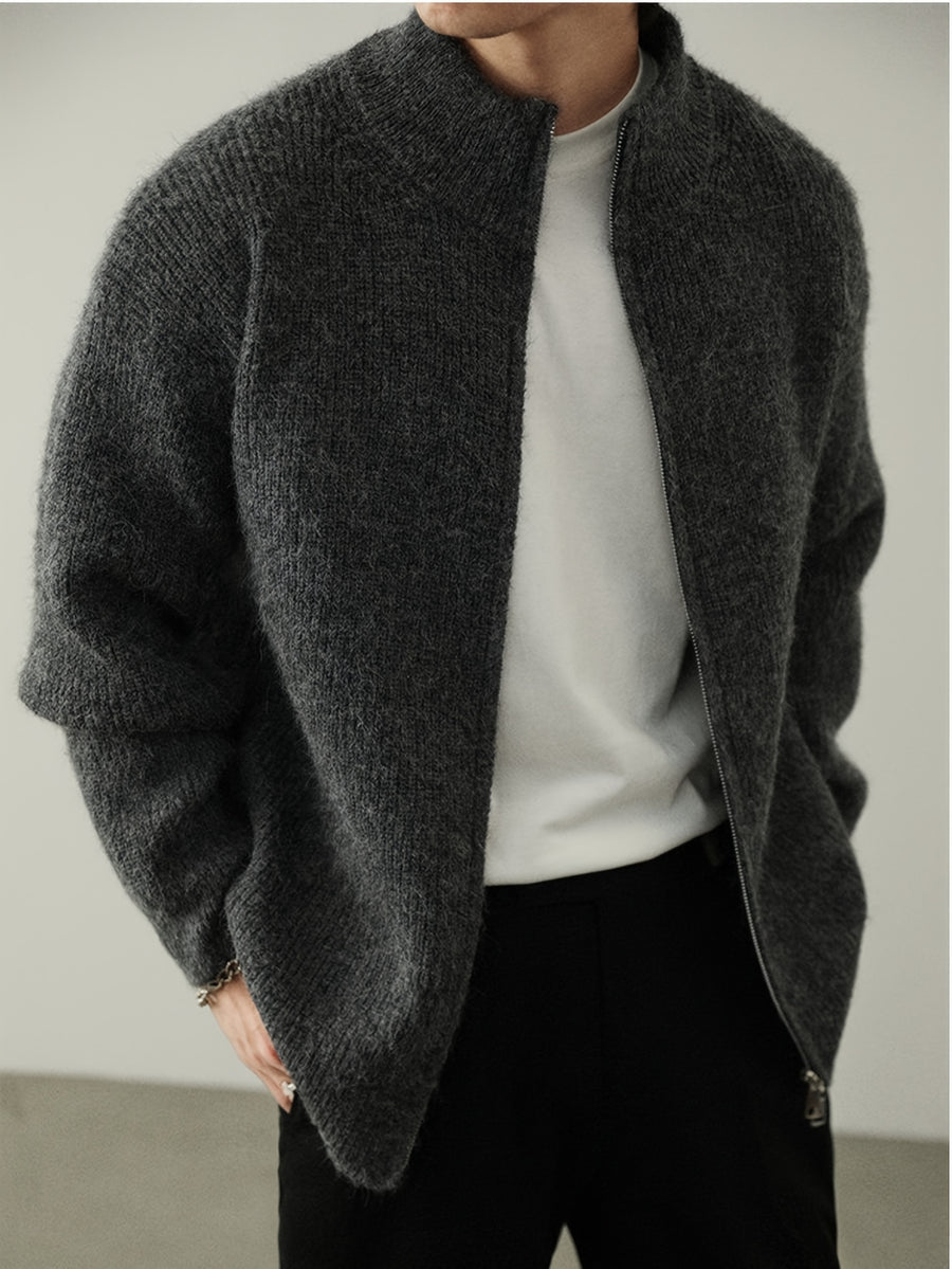 Men'S Plus Size Chunky Knit Cardigan, Full-Zip Stand Collar Sweater Coat, Solid Color Loose Warm Velvet Jacket for Autumn/Winter, Thick - Grey