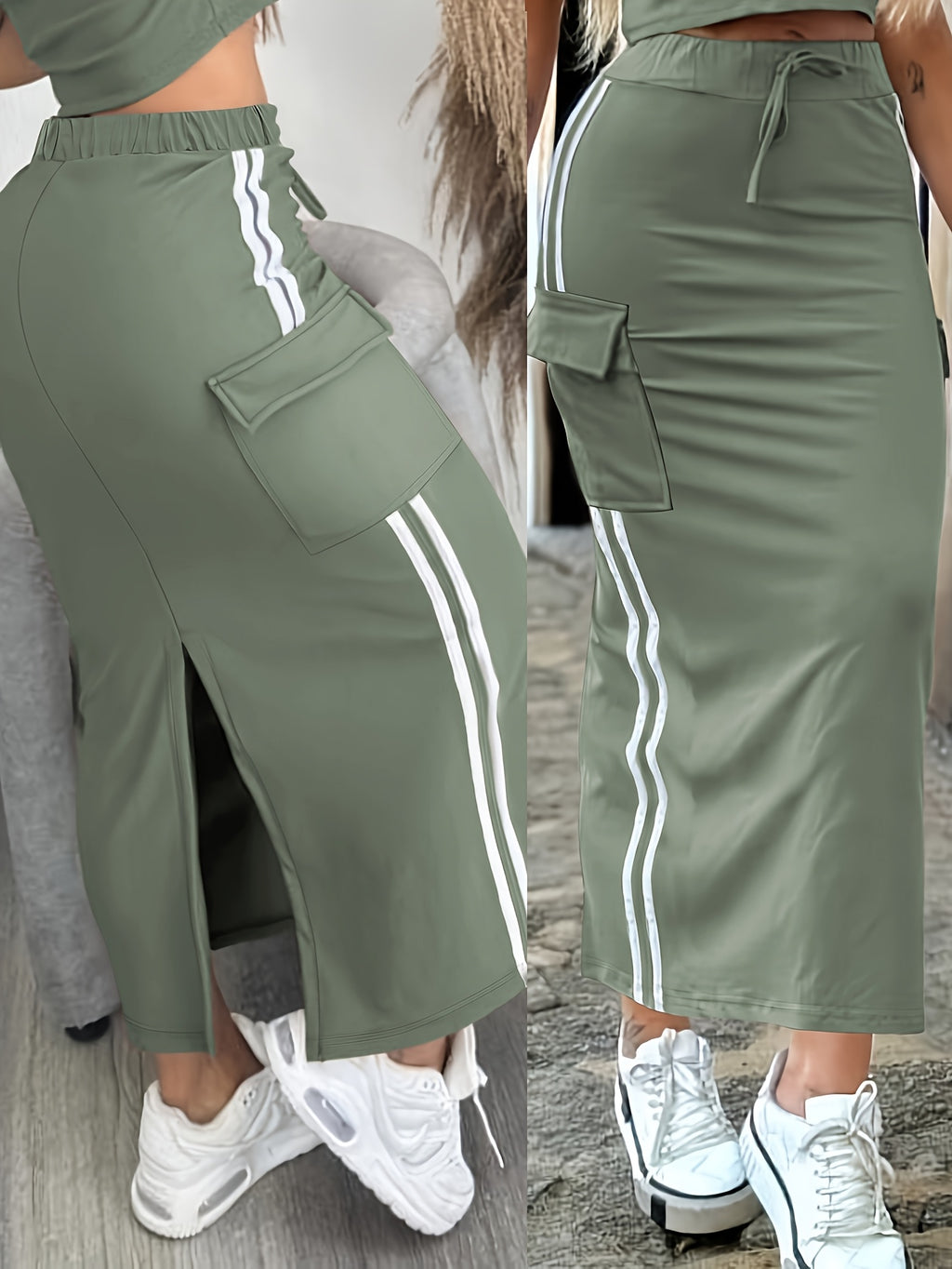 Casual Side-Panel Double-Bar Back-Slit Half Skirt - Green