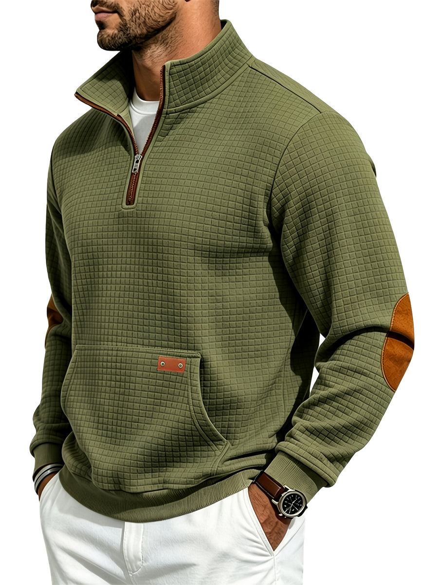 Men's Waffle Knit Casual Loose-Fit Long Sleeve Color-Block Stand Collar Half-Zip Autumn/Winter Sweatshirt - Military Green