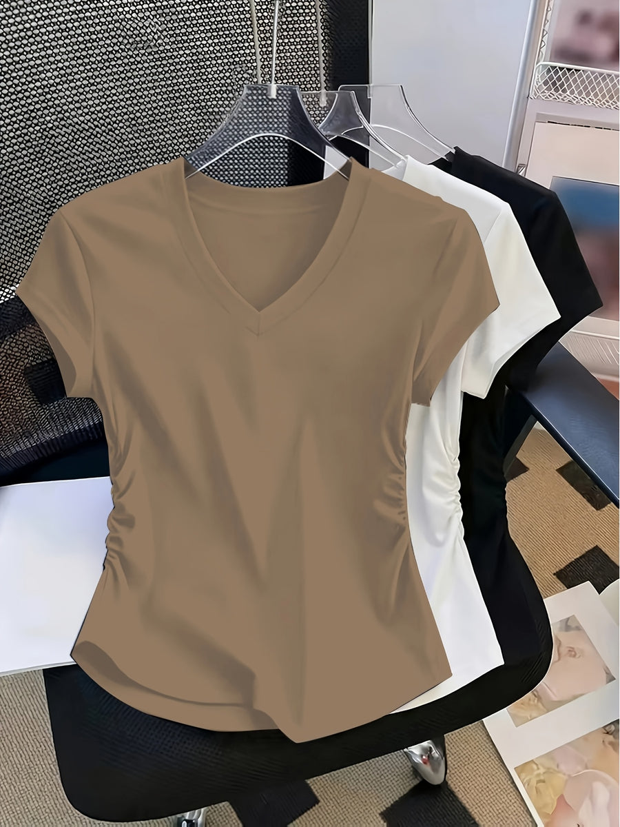 Women'S 3pcs American Retro Casual V-Neck Short Sleeve T-Shirt Spring Summer Slim Short Sleeve Waist Ruched T-Shirt - Mixed Color 2