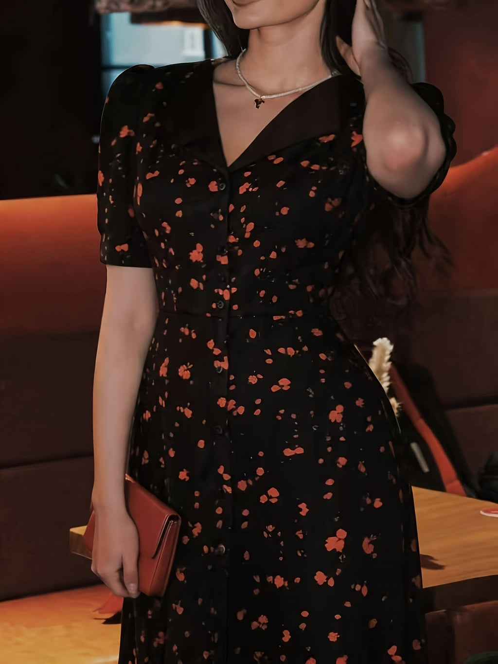 Women's French Vintage Lapel Collar Dress with Waist Cinch - Short Sleeve -Neck -Line Midi Dress, Blouse-Suitable for Daily Commuting, Short Bell Sleeves & Contrast Collar, Spring Summer Office to Casual Wear (Machine Washable) - Black