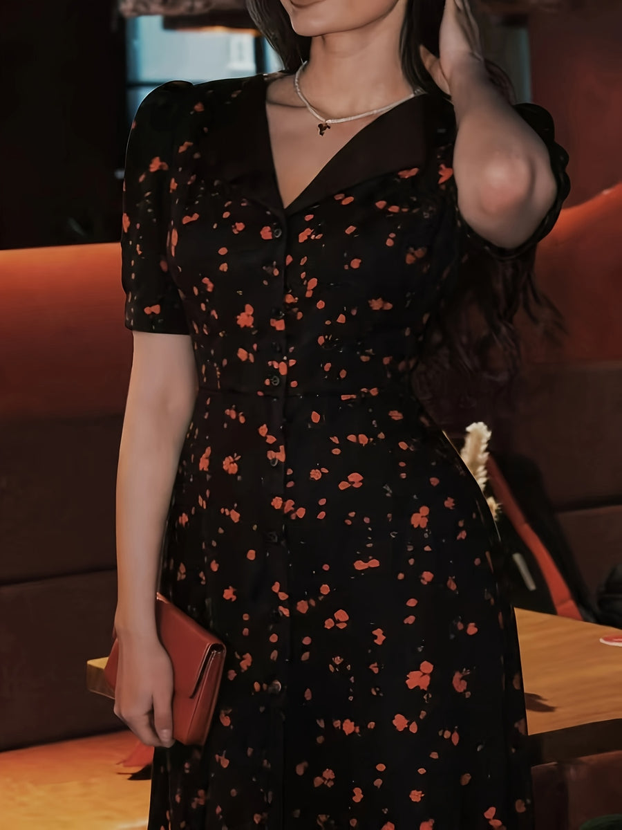 Women's French Vintage Lapel Collar Dress with Waist Cinch - Short Sleeve -Neck -Line Midi Dress, Blouse-Suitable for Daily Commuting, Short Bell Sleeves & Contrast Collar, Spring Summer Office to Casual Wear (Machine Washable) - Black