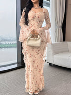 Spring/Summer Women's Lace Dress, Romantic Floral Ruffle Hem, Wedding Date Square Neckline Nude Pink Lace Long Dress WJ485 - Multicolor