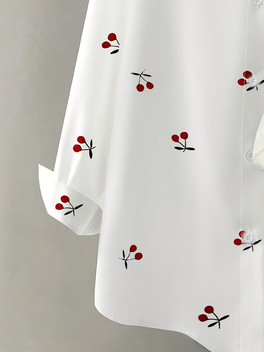 Women's Cherry Print Shirt, Long Sleeve, Simple Design, Drop Shoulder, Versatile Top for Spring, Summer, and Autumn - White