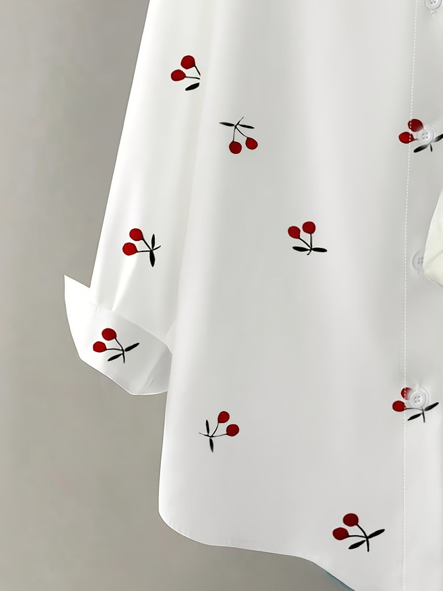 Women's Cherry Print Shirt, Long Sleeve, Simple Design, Drop Shoulder, Versatile Top for Spring, Summer, and Autumn - White