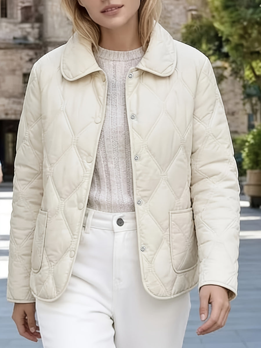 Spring/Autumn Women's Outerwear, Doll Collar Rhombus Quilted Padded Coat, New Year Outfit and Year-End Style, Versatile Top for Daily Commuting and Dates, High-Quality Women's Clothing, Elegant and Chic Loose Fit Padded Coat, Popular Top - Ivory White