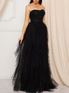 A Strapless Wedding Dress with Layered Ruffled Tulle Skirt And High Slit Hem - Perfect for Classic Weddings, Graduations, Evening Parties, Birthdays, And Other Occasions for Women, As Well As for Brides - Black