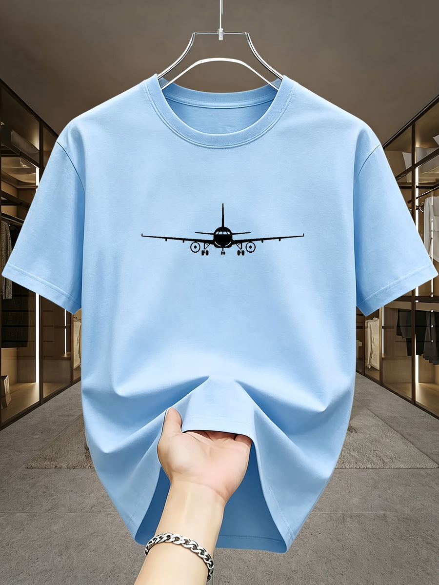 Minimalist Light Luxury Style Line Airplane White Label Print Casual Business Men'S T-Shirt, Daily Commute - Sky Blue