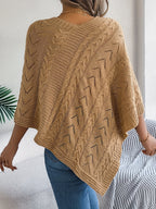 Elegant Solid Color V-Neck Cable Cape Sweater for Autumn And Winter Leisure - Khaki