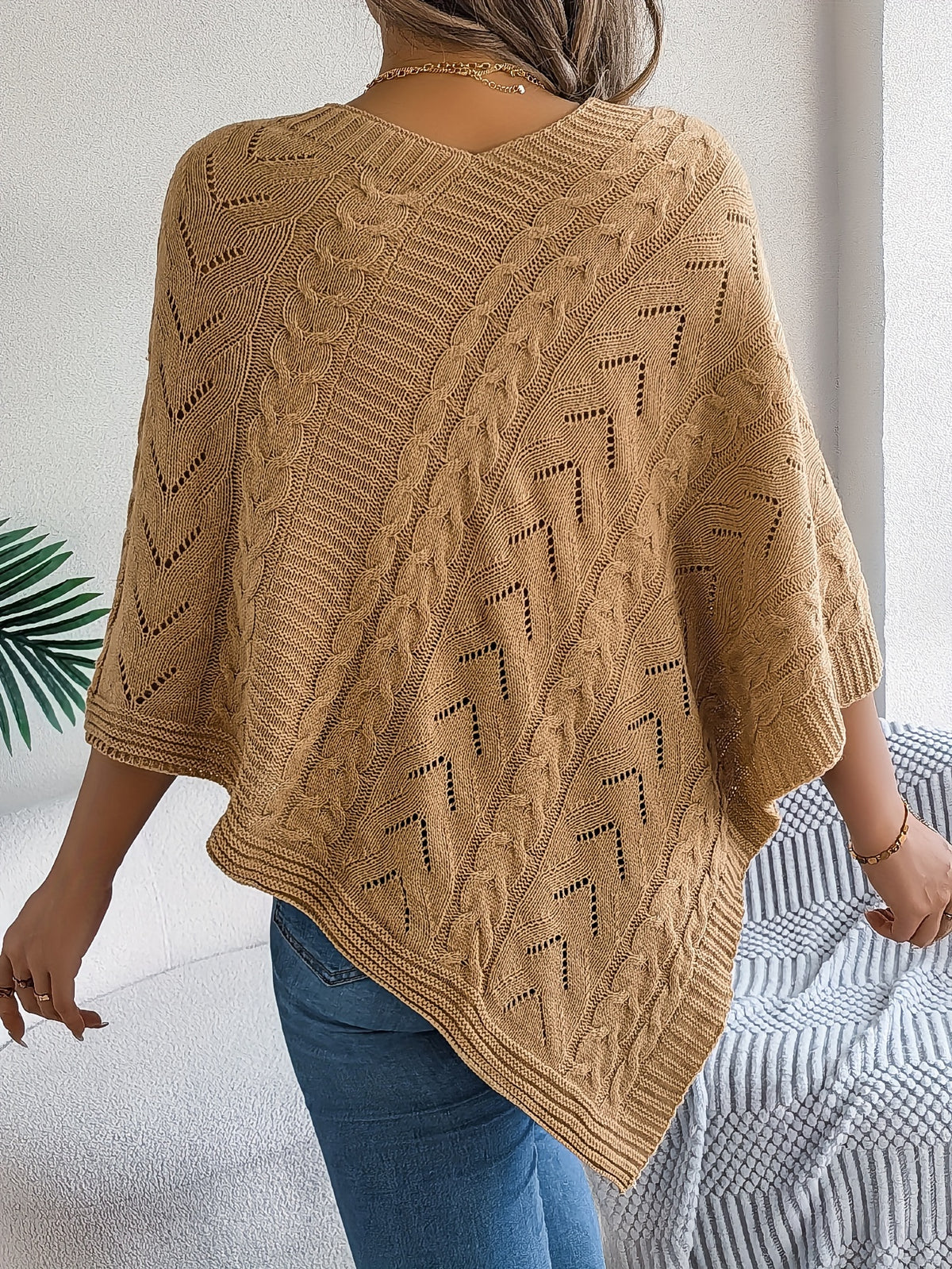 Elegant Solid Color V-Neck Cable Cape Sweater for Autumn And Winter Leisure - Khaki