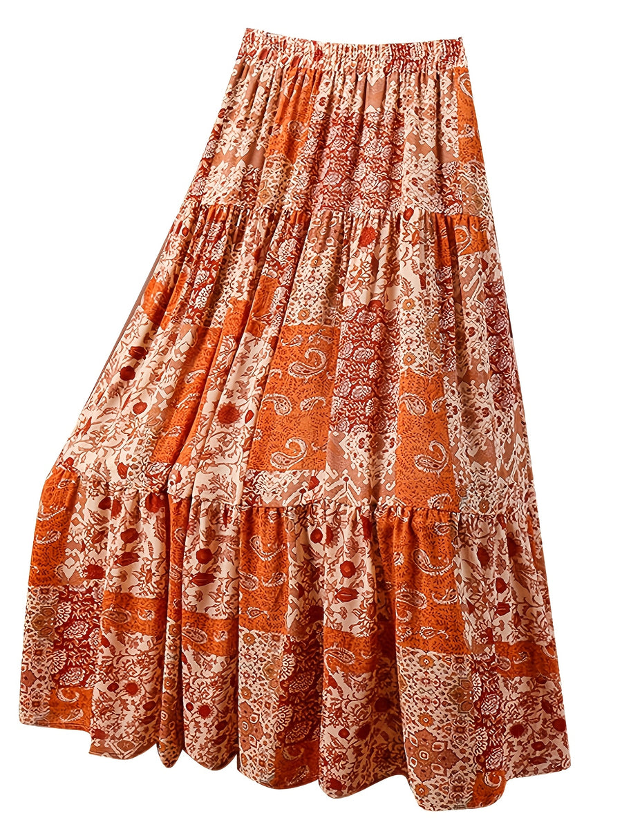 Women's Elegant Printed Midi Skirt with Elastic Waist - Multicolor
