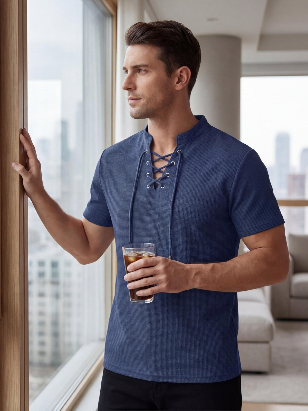 Breathable Fabric Summer Men'S Waffle Skinny Short Sleeve American Oversized Casual V-Neck Tie-Up T-Shirt - Navy Color