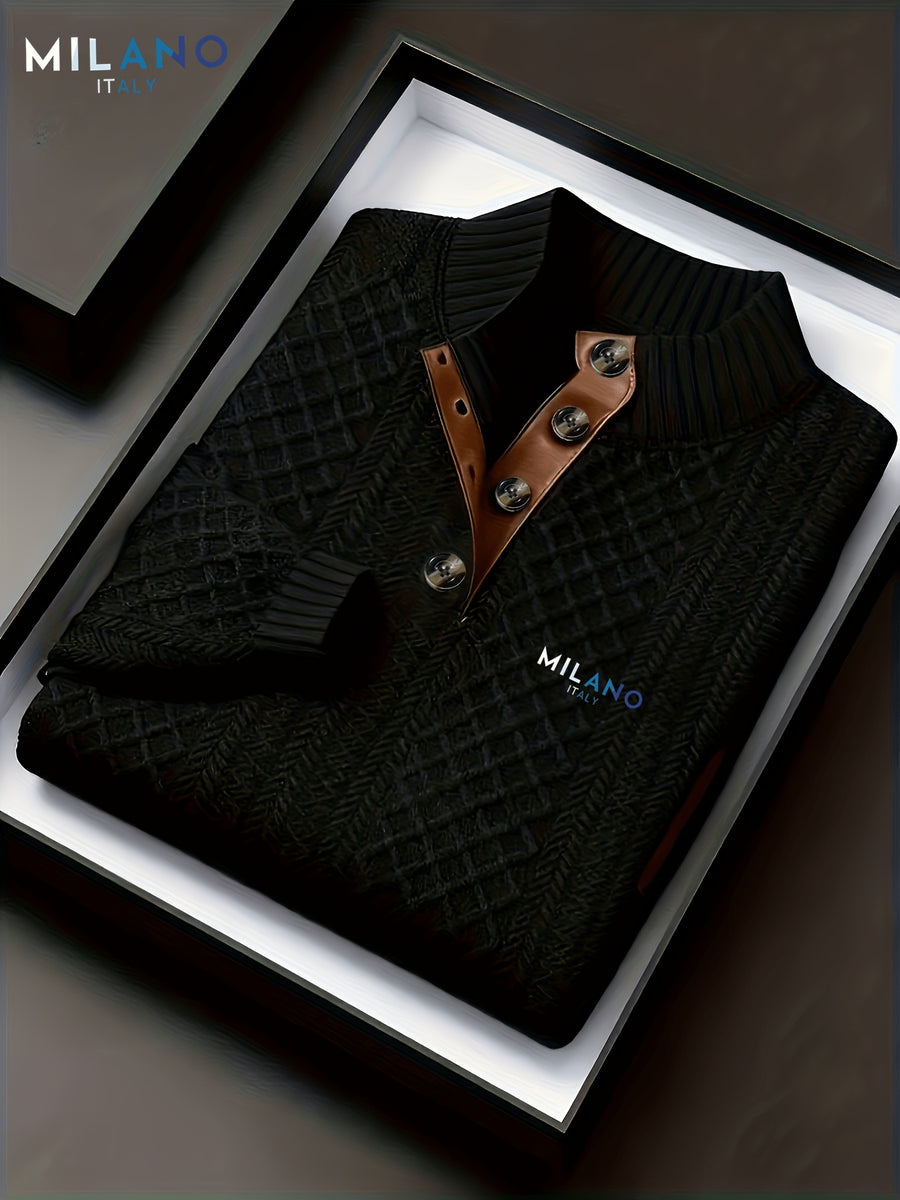 Men's Stand Collar Textured Jacquard Knit Henley Shirt with Light Luxury Buckle Patchwork, Long Sleeve Autumn/Winter Business Top - Black