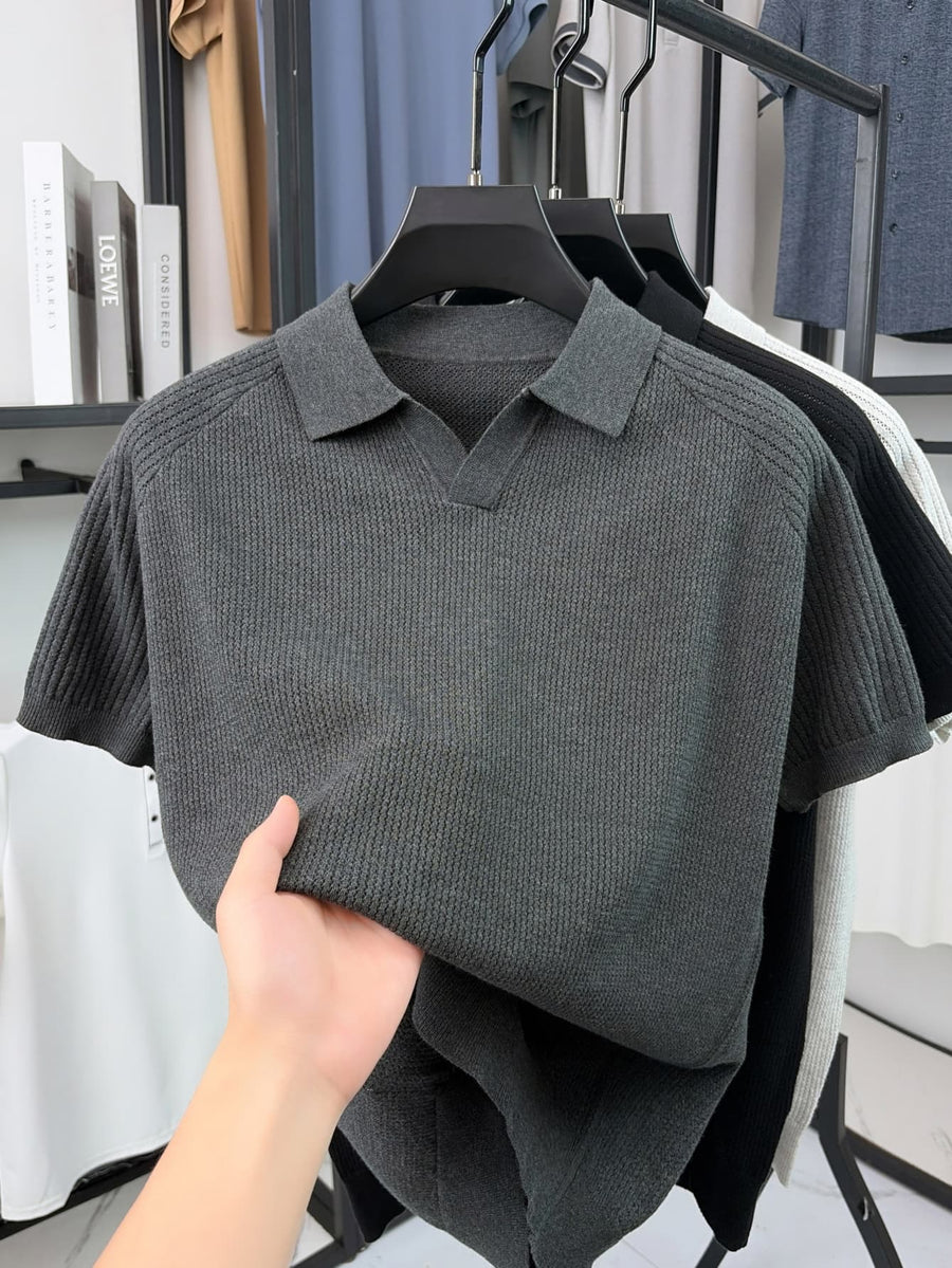 Men's V-Neck Knit Short-Sleeve T-Shirt for Autumn/Summer Workplace Wear and Outdoor Sports, Casual Sporty Sweater, Knitted Top with a V-Neck for a Campus-Style Vibe, Business Casual Short-Sleeve Versatile Pullover V-Neck Tee for Banquets - Grey