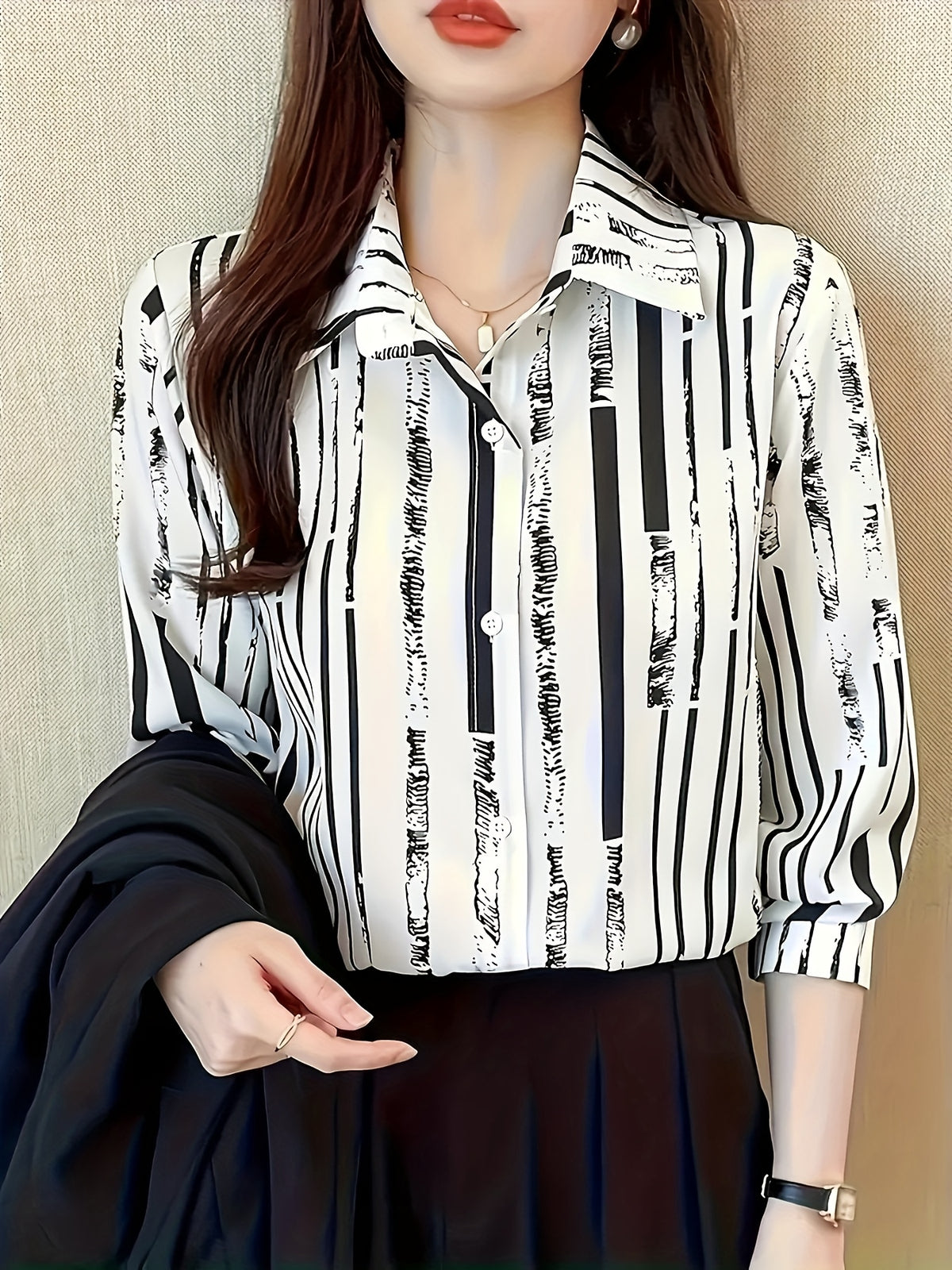 Women'S Casual Striped Shirt, Button-Up Design, Made Of, Suitable for Spring, Summer, And Autumn Casual Or Formal Wear | Classic Lapel Fashion Button-Up, Elegant Women'S Shirt, Beautiful Women'S Shirt, Autumn Women'S Top Trend, Women'S Clothing - Black