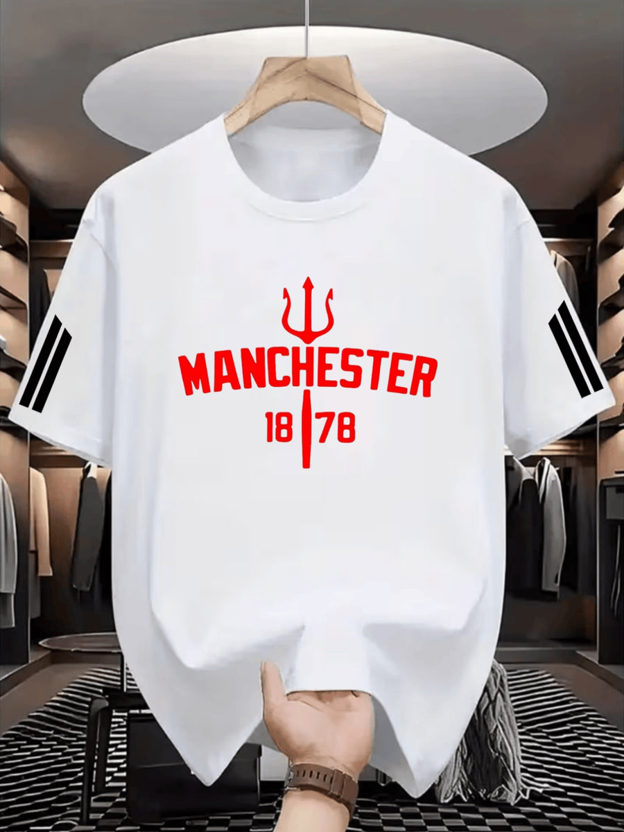 Men'S Casual Manchester Graphic T-Shirt - Casual Style, Soft And Breathable, Eye-Catching Lettering Design, Round Neck Short Sleeve Summer Tee, Urban Trendy Apparel - White