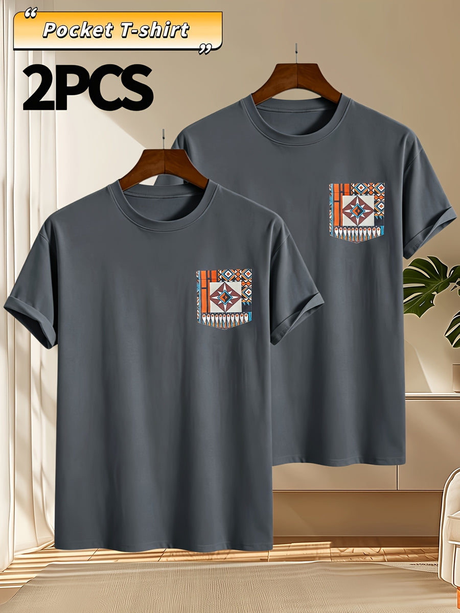 2pcs Men's Round Neck Pocket Short-Sleeve T-Shirt, Suitable for Summer Outdoor Casual Wear, Versatile Casual Knit Top, Men's Casual Pocket Design Sport T-Shirt - Dark Gray