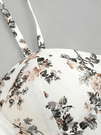 Summer Elegant Floral Print Waist-Cinching Strappy Mini Dress for Women - White & flower