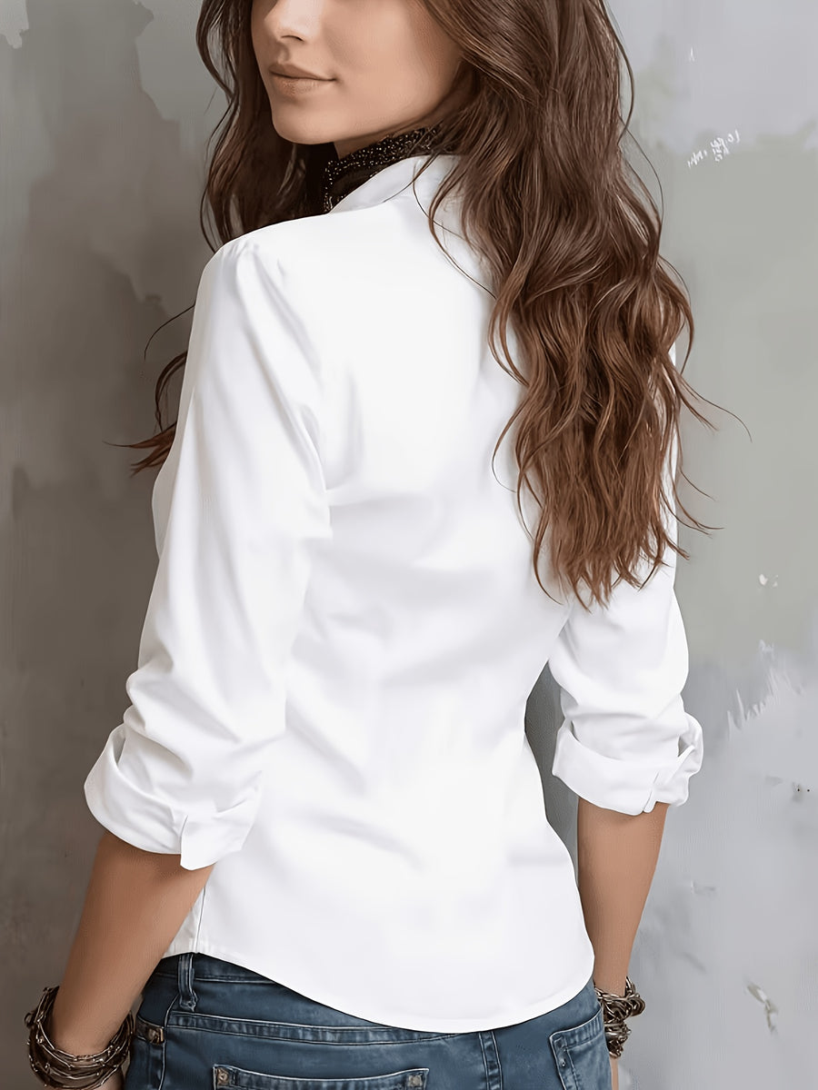 New Women's Solid Color Long-Sleeve Shirt with Lapel Collar, Designed to Create a Professional and Capable Look, Made with Skin-Friendly and Comfortable Fabric - White