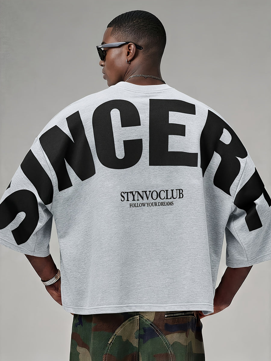 [Printed Design – Not Textured], Men's Drop-Shoulder Style, Men's Summer Fashion Letter Print Crew Neck T-Shirt, Streetwear Loose Fit, Cropped T-Shirt - Mixed Color 1