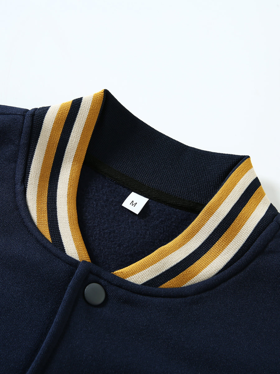 This Black And Gray Patchwork Baseball Jacket Features a Button Closure Design, with Black And White Striped Accents at The Collar And Cuffs. It Showcases Prominent Letter Prints And English Text Elements on The Chest - Tibetan White