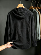 2pcs Men'S Linen-Like Hooded Henley Long Sleeve Sweatshirt Set, Breathable Thin Solid Color Half-Open Placket Casual Pullover Henley Shirt, Soft Comfortable Textured Fabric Fresh And Non-Stuffy, Loose Slimming Versatile Fit - 2pcs [black + Navy Blue]