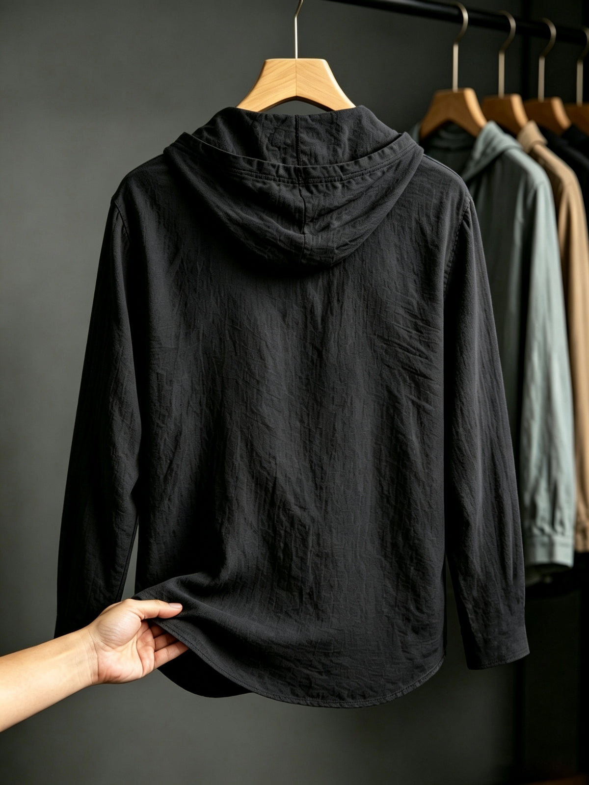 2pcs Men'S Linen-Like Hooded Henley Long Sleeve Sweatshirt Set, Breathable Thin Solid Color Half-Open Placket Casual Pullover Henley Shirt, Soft Comfortable Textured Fabric Fresh And Non-Stuffy, Loose Slimming Versatile Fit - 2pcs [black + Navy Blue]