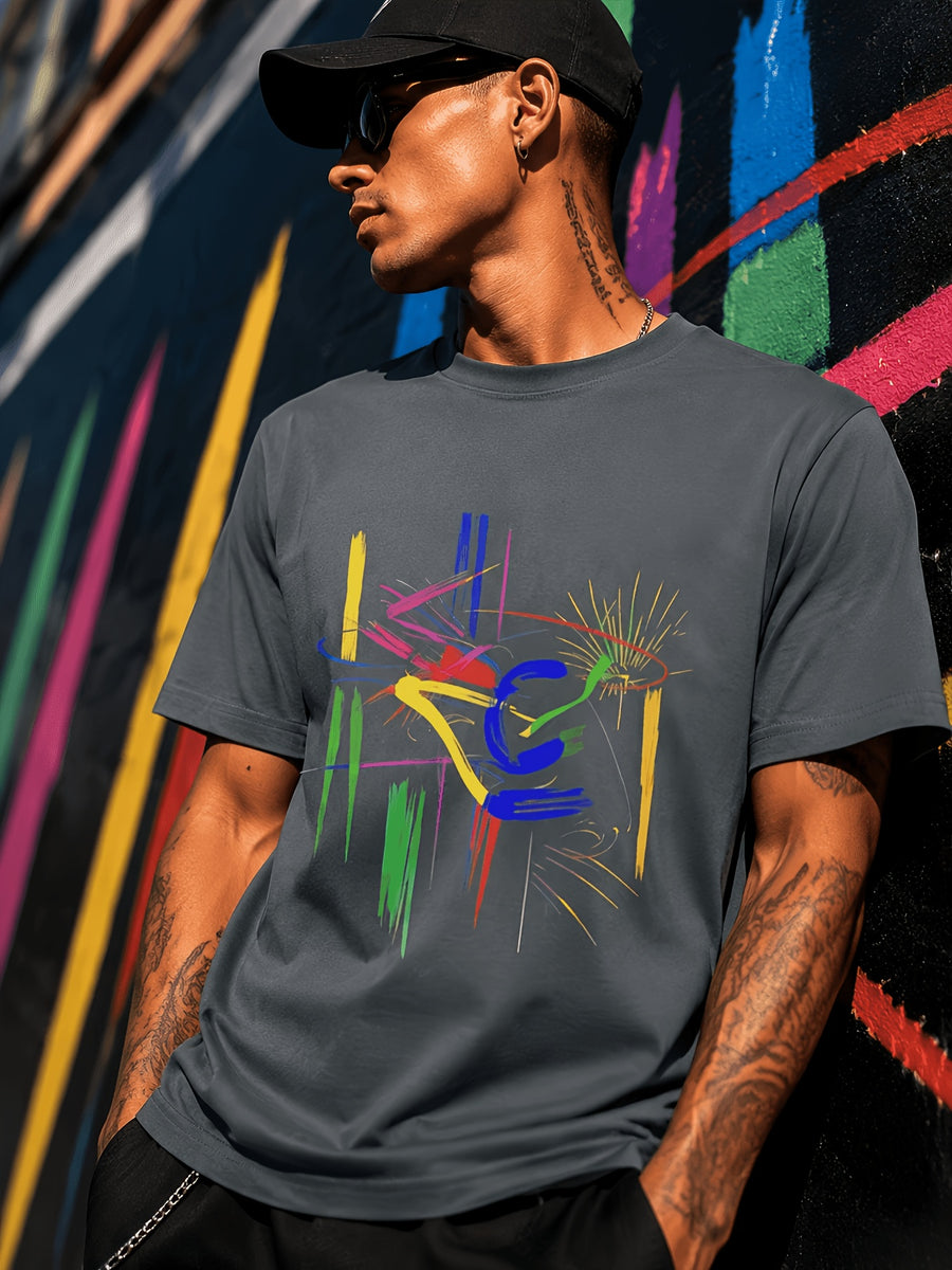 Men's Abstract Art T-Shirt - Vibrant Brushstroke Design, Soft and Breathable, Modern Crew Neck, Short Sleeve Summer Tee, Art-Inspired T-Shirt - Grey