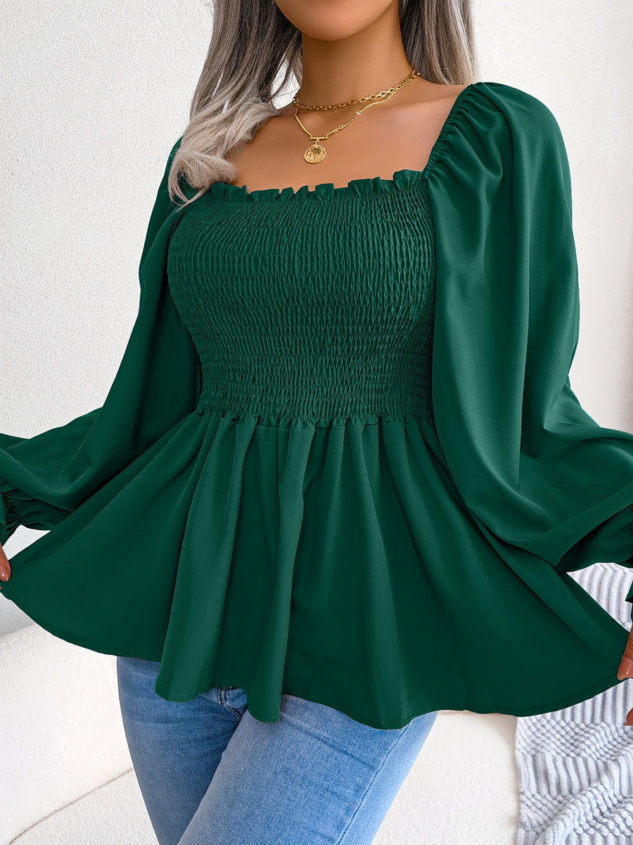 2023 Spring/Summer European and American Casual Solid Color Square Neck Flared Sleeve Ruffle Hem Chiffon Blouse - Dark Green