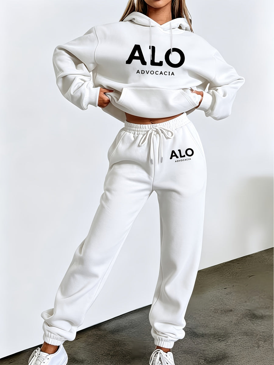 ALO ADVOCACIA Black Text Pattern Autumn/Winter Fashion 2pcs -Lined Set, Women's Printed Casual Outfit, Elegant Women's Clothing - White