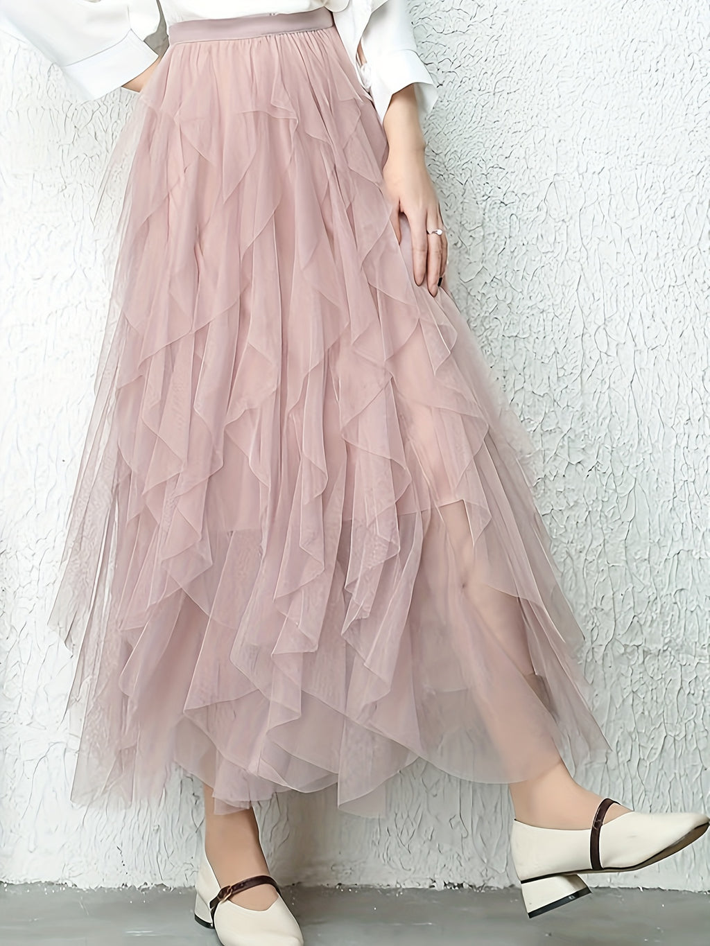 Chic Elegance, Elegant High-Waist A-Line Tulle Skirt for Women - Chic Korean-Style Spring Collection, Sheer Brown Polyester with Delicate Mesh Layers, Perfect for Summer Skirt - Pale Pinkish Gray