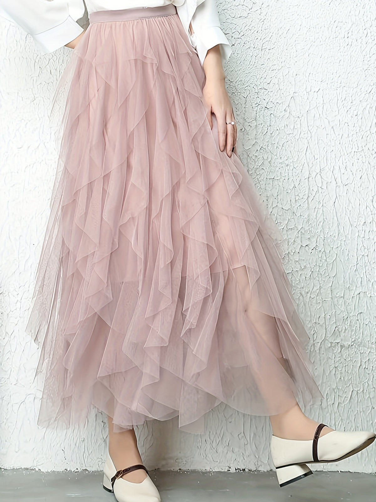 Chic Elegance, Elegant High-Waist A-Line Tulle Skirt for Women - Chic Korean-Style Spring Collection, Sheer Brown Polyester with Delicate Mesh Layers, Perfect for Summer Skirt - Pale Pinkish Gray